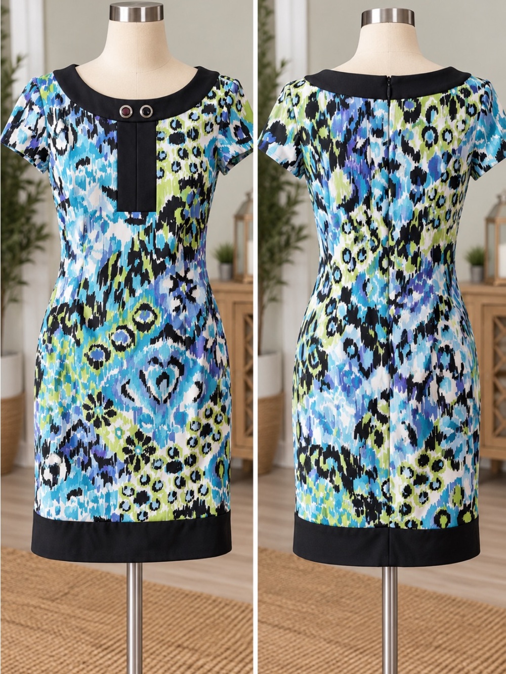 connected apparel Blue, Green & Black Abstract Print Sheath Dress